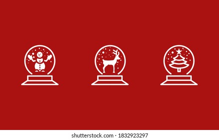 Snow globe line flat icons. Vector illustration Christmas accessory. Sphere inside which there is a snowman, christmas tree and deer. White color on a red background. Editable strokes.