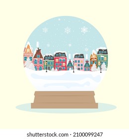 Snow globe with a little cozy houses and christmas trees on a blue background. Christmas. Vector seasonal illustration, EPS 10