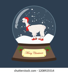 Snow globe with llama on the blue background. Vector illustration