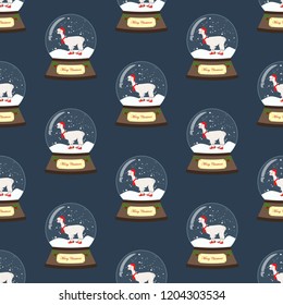 Snow globe with llama seamless pattern on the blue background. Vector illustration