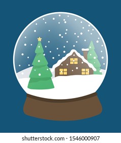 Snow globe made of glass and wood. Traditional Christmas toy with snowing landscape. Pine tree and house at night. Snowball for xmas celebration and greeting. Bauble decoration, vector in flat