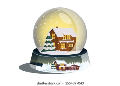 Snow globe. Magic Christmas ball glass ball with toy house. Vector illustration