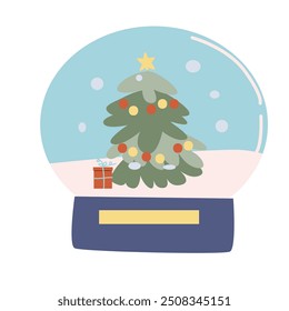 Snow globe. Magic Christmas ball - flat cartoon glass ball with toys fir tree and gift. Vector illustration of cute landscape inside glass.