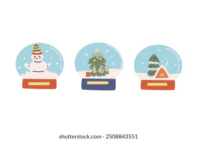 Snow globe. Magic Christmas ball - flat cartoon glass ball with toys snowman. Vector illustration