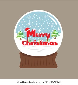 Snow Globe with Merry Christmas and Pine trees on white snow and snowflake isolate on brown background - Vector Eps 10