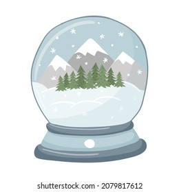 Un globo de nieve con montañas, nevadas, bosques y copos de nieve. Atributo de Navidad plano dibujado a mano, elemento de diseño aislado en un fondo blanco. Estilo plano dibujado a mano. Ilustración de vector de color