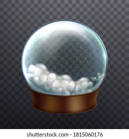Snow Globe New Year Celebrative Souvenir Vector. Winter Season Fog And Snowflakes Falling In Crystal Glass Ball Gift. Transparent Decoration Spherical Accessory Layout Realistic 3d Illustration
