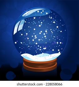 Snow globe on blue background with stars vector illustration.