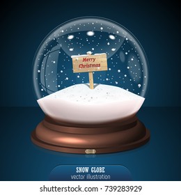 Snow globe on blue background. Merry Christmas and Happy New Year 2018. Realistic snow globe for Your business project. Vector Illustration