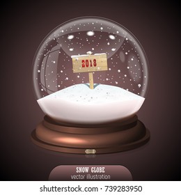 Snow globe on brown background. Merry Christmas and Happy New Year 2018. Realistic snow globe for Your business project. Vector Illustration