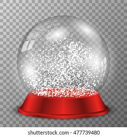 Snow Globe On Red Stand. Vector Crystal Ball On Transparent Background. 