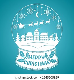 Balón de nieve para cortar papel. Santa Claus en un trineo con renos en la ciudad invernal. Ilustración vectorial. Plantilla de vacaciones para corte láser. Para decoraciones de postales, ventanas y paredes.