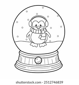 Snow globe Penguin Christmas in the snow rain coloring page. Coloring page Christmas. Coloring book Christmas. Outline of Snow globe.