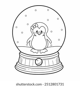 Snow globe Penguin Christmas in the snow rain coloring page. Coloring page Christmas. Coloring book Christmas. Outline of Snow globe.