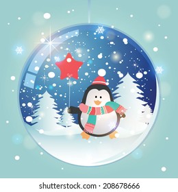 Snow globe with penguin. Vector illustration for retro Christmas card. 