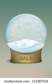 Snow globe with percents discounts. Vector illustration.