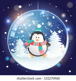 Snow globe with pinguin. Christmas card. Vector illustration