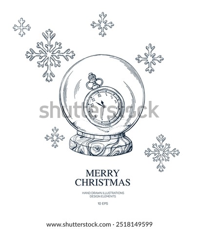 Snow globe, pocket watch, snowflake card design. Merry Christmas happy new year hand drawn Isolated vector illustration. Postcard for holiday poster, party, greeting, invitation. Engraving style