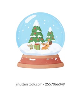  A snow globe is positioned against a stark white backdrop. The snow globe features three Christmas trees, each with a green base, adorned with red circles and white snow. 