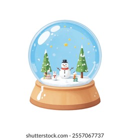  A snow globe is positioned against a stark white backdrop. The snow globe features a snowman with a black top hat and a black scarf on his head, standing in the middle of the snow globe. 