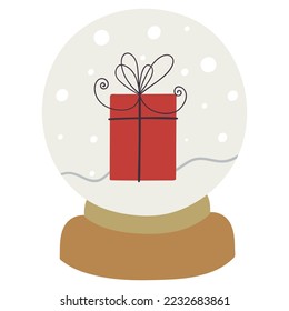 Snow globe with red gift box and snowfall. Merry christmas glass ball.