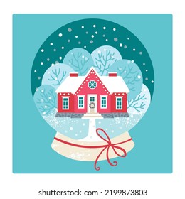 Snow globe with red house. Winter vector illustration