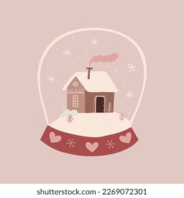 A snow globe with rustic house, forest, mountain.