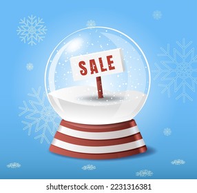 Snow globe with a sale sign. New Year and Christmas sale. Seasonal discounts. Special offer. Vector illustration.