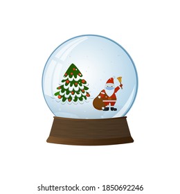 Snow globe with Santa and Christmas tree. Snow globe with Santa in a mask. Santa with a bag of gifts rings the Christmas bell. Christmas illustration.