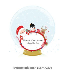 Snow globe. Santa claus, deer and snow man. Happy new year merry christmas greeting card