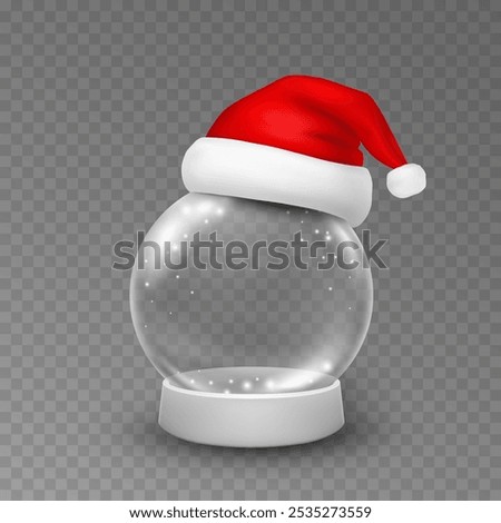 Snow globe with Santa Claus hat isolated on transparent background. Vector xmas glass ball ornament. 3d realistic Christmas snowglobe and red cap