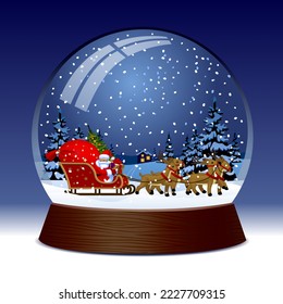 Snow globe with Santa Claus sitting in a reindeer sleigh against a night winter landscape background. Vector illustration