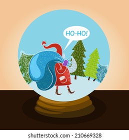 Snow globe with Santa Claus walking with a bag full of presents. Christmas character. Vector illustration