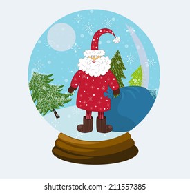 Snow globe with Santa Claus walking with a bag full of presents. Christmas character. Vector illustration