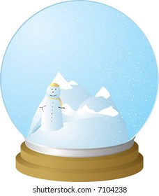 escena del globo de nieve con muñeco de nieve y un paisaje montañoso