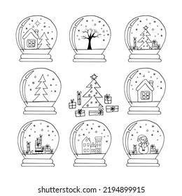 snow globe set hand drawn in doodle style. christmas and new year decor. winter souvenir