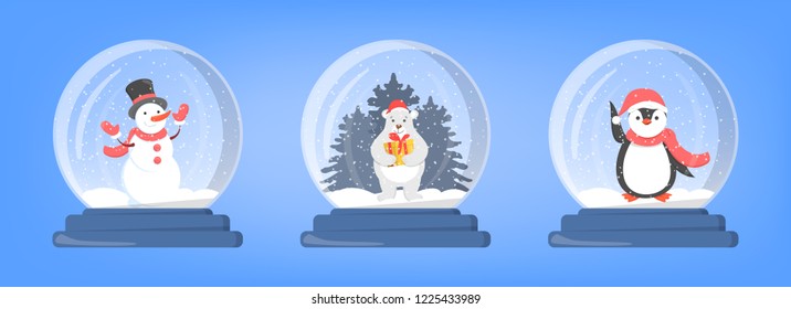 Snow globe set with snowman, penguin and bear. Cute christmas decoration with comic character. Element for greeting card design.
