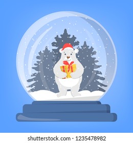 Snow globe set with a white bear. Cute christmas decoration with comic character. Element for greeting card design.
