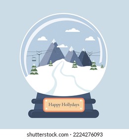 A snow globe with a ski resort, funiculars, a ski track on the background of mountains. Vector illustration