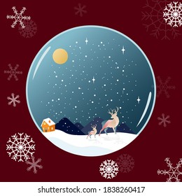 Snow globe with a small house and deer on red background with snow flake, realistic decoration