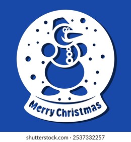 Snow globe with a smiling snowman. Round decoration on a stand with the inscription Merry Christmas. Vector template for plotter laser cutting of paper, fretwork, wood carving, metal engraving, cnc.