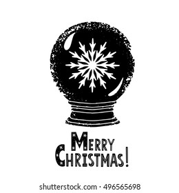 Snow globe with  snowflake. Cartoon hand drawn. Merry Christmas handwritten text, lettering isolated on white background