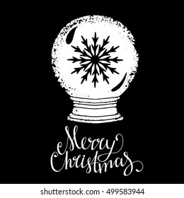Snow globe with  snowflake. Cartoon hand drawn. Merry Christmas handwritten text, lettering isolated on chalk board background