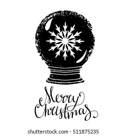 Snow globe with  snowflake. Cartoon hand drawn. Merry Christmas handwritten text, lettering isolated on white background