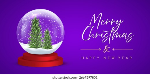 Globo de nieve con copos de nieve y árbol de Navidad en púrpura con felicitaciones festivas. Feliz año Nuevo tarjeta de felicitación Ilustración vectorial. Anuncio Horizontal de las redes sociales de Navidad, cartel, postal.