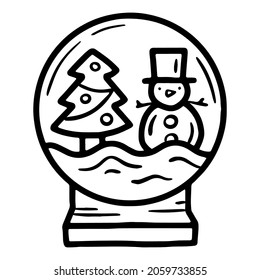 Snow globe with snowman and Christmas tree linear vector icon in doodle sketch style