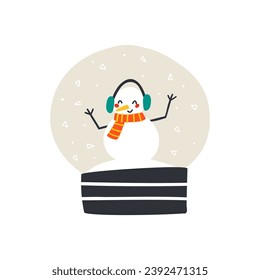 Snow globe with snowman and snow in flat style. Hand drawn vector illustration.