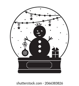 snow globe with snowman and garland, black stencil, vector isolated illustration