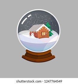 Snow globe with snowman and house with tree inside, falling snow. 