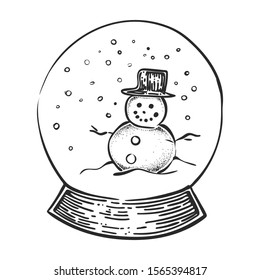 Snow globe with a snowman inside, hand drawn vector engraving